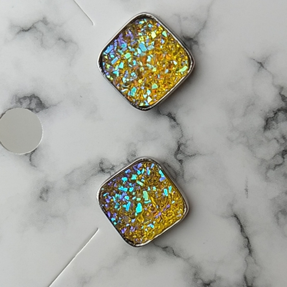 Stainless Steel Druzy Stud Earrings Square Shape Yellow w Silver (29)
